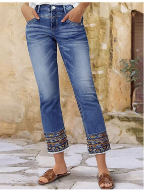 Flamingals Straight Leg Cropped Jeans Mid Rise Stretchy Tribal Embroidery Jeans